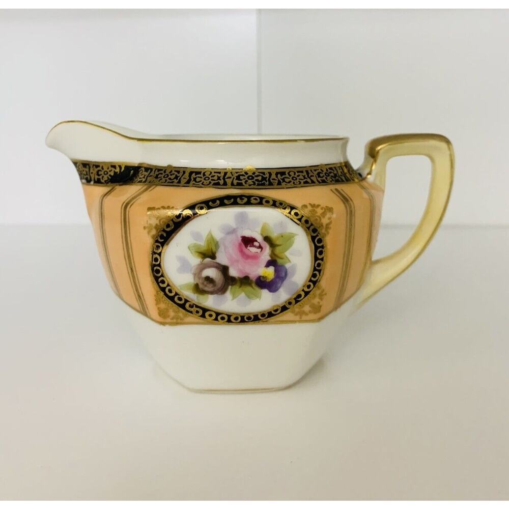 Noritake Creamer Orange Black Gold Hand Painted Floral Design Vintage 6 Sided